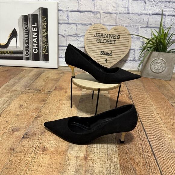 Zara black & gold kitten heel pointed toe pumps heels - Picture 1 of 10